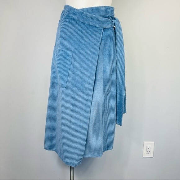 Deer and Flyer Light Blue Corduroy High Waist Cargo Utility Midi Wrap Skirt M - Picture 8 of 16